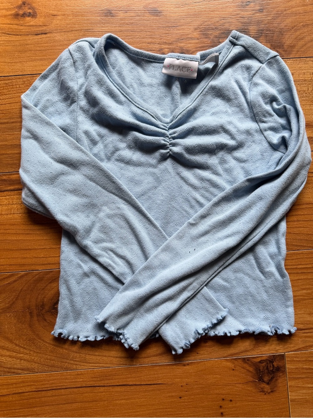 The Children's Place size 7/8 Sky Blue Long-Sleeve Ruched V-Neck Top